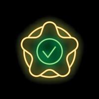 Neon green tick symbol inside an orange star shape on black background vector