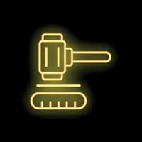 Neon glowing auction hammer striking down on black background vector