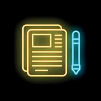 Neon icon of documents and a pen representing copywriting vector