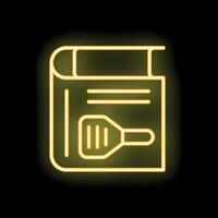 Neon cookbook icon with whisk and cover on black background vector