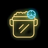 Yellow neon icon of a pot with boiling water with a timer set, at night vector
