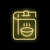 Yellow neon cookbook icon with soup bowl illustration on black background vector