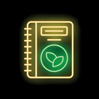 Glowing neon line icon for eco friendly notebook with green leaves symbol vector