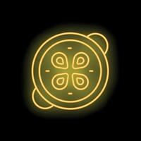 Glowing neon icon of sliced cucumber on black background vector