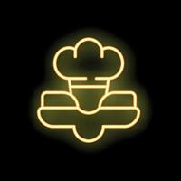 Yellow neon sign of chef toque over burger symbolizing restaurant vector