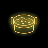 Neon yellow cooking pot with handles glowing on black background vector