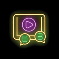 Neon sign showing tablet with play button and subtitles icon on black background vector