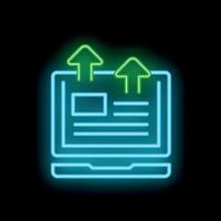 Neon icon of laptop showing uploading data with up arrows vector