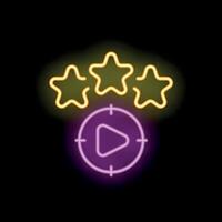 Neon icon of play button inside target being aimed at with three stars above representing high quality content creation vector