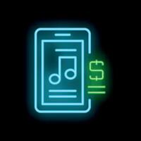 Neon icon of smartphone displaying music streaming app and payment symbol vector