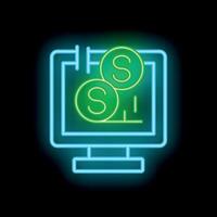 Neon icon of computer screen showing increasing dollar coins representing online business growth vector