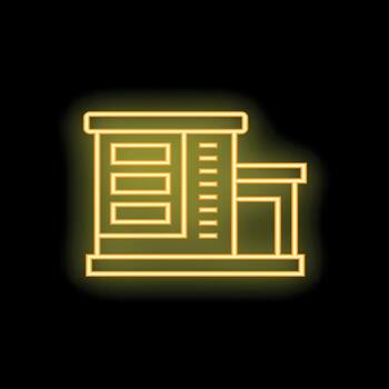 Glowing neon icon of a modern office building with large windows on a black background vector