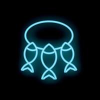 Neon sign representing three fish hanging from a line on a black background vector