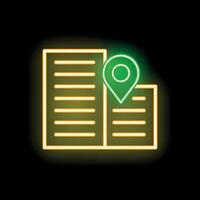 Glowing neon sign showing location pin above buildings on black background vector