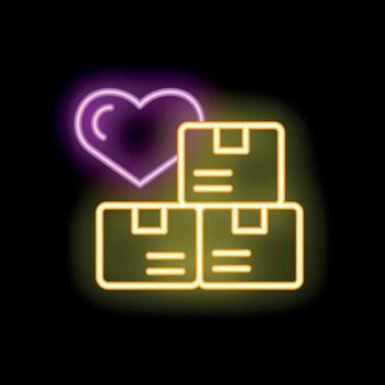 Neon icon of heart hovering over stack of cardboard boxes vector