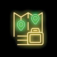 Neon icon of travel photography with map camera and location pins vector