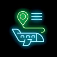 Neon airplane icon showing flight path to destination point vector