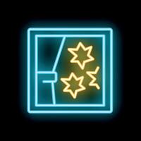 Neon icon of window with stars reflecting outside on black background vector