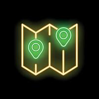 Neon map showing two location pins glowing on black background vector