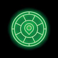 Green neon sign of location pin in circle on black background vector