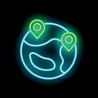 Neon icon of planet earth showing location pins vector