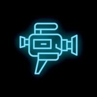 Blue neon icon of a retro movie camera glowing on black background vector