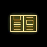 Neon yellow open magazine icon glowing on black background vector