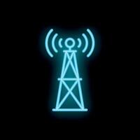 Neon icon of radio tower broadcasting electromagnetic waves vector