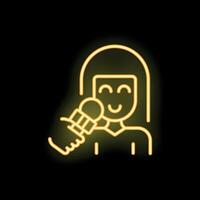 Smiling woman giving interview answering questions neon icon vector
