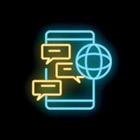 Neon icon of smartphone displaying global messaging app with speech bubbles vector