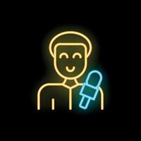 Neon journalist holding microphone with a happy face on black background vector