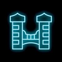 Neon bridge connecting two towers with glowing blue light vector
