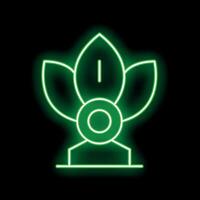 Glowing neon green award trophy with three leaves for first place vector