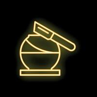Neon sign showing knife cutting chocolate ball on stand with yellow glow on black background vector