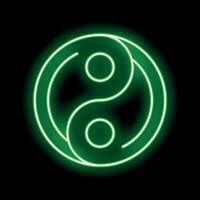 Green neon sign showing yin yang symbol of balance on black background vector