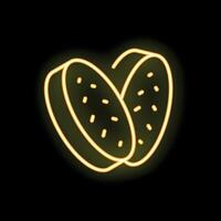 Neon icon of two slices of kiwi fruit glowing yellow on black background vector