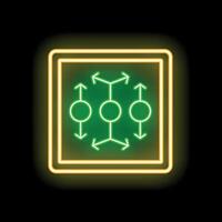 Bright green and yellow neon sign of a blockchain technology symbol is glowing on a black background vector