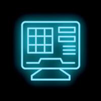 Neon icon of computer monitor showing spreadsheets and data analysis vector
