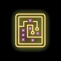 Neon yellow tablet showing strategy game interface on black background vector