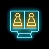 Neon icon of computer screen showing online chess game interface vector