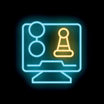 Neon icon of computer screen showing strategy game interface vector