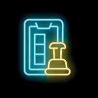 Neon icon of hand holding smartphone with gps navigation app showing location on map vector