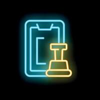 Neon sign depicting a mobile phone with a notification bell on black background vector