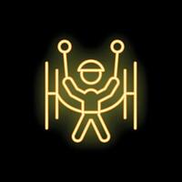 Construction worker wearing safety helmet and harness using rope access neon sign on black background vector