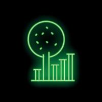 Green neon sign showing a tree growing on increasing graph bars chart vector