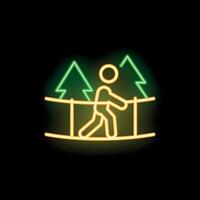 Neon sign of a person walking on a rope bridge in the forest vector