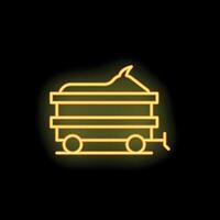 Yellow neon sign of mining cart with coal on black background vector