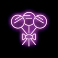 Neon sign showing three round lollipops with ribbon for birthday party celebration vector