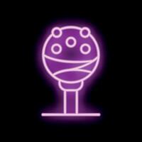 Neon sign of a lollipop with swirls on a stick glowing in purple light vector