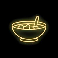 Neon sign of a bowl with ice cream and a spoon glowing on a dark background vector